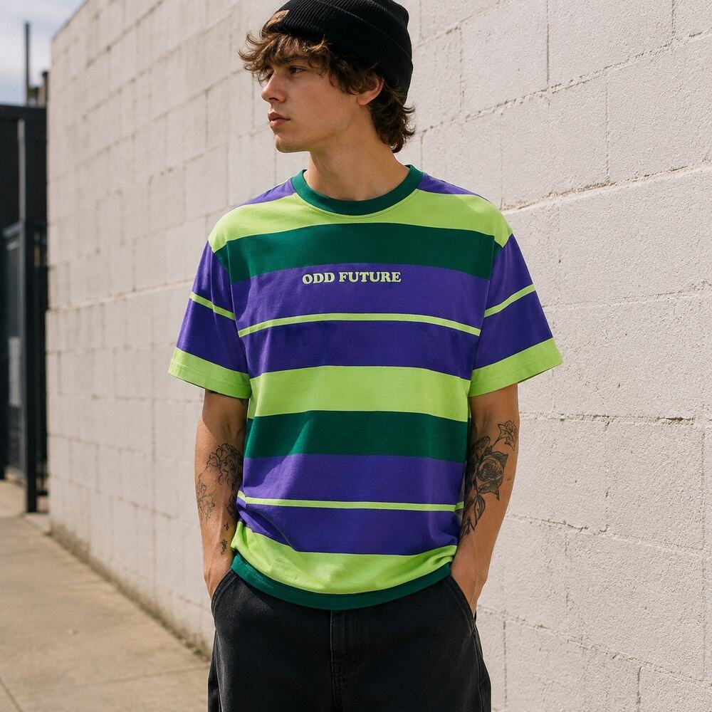 Odd Future Striped T Shirt Large Purple Green OFWGKTA Skate Streetwear